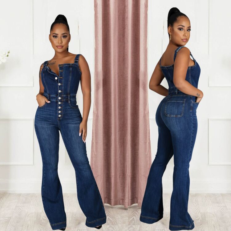 Platform Women Casual Sexy Strap Denim Jumpsuit Wide Leg Pants