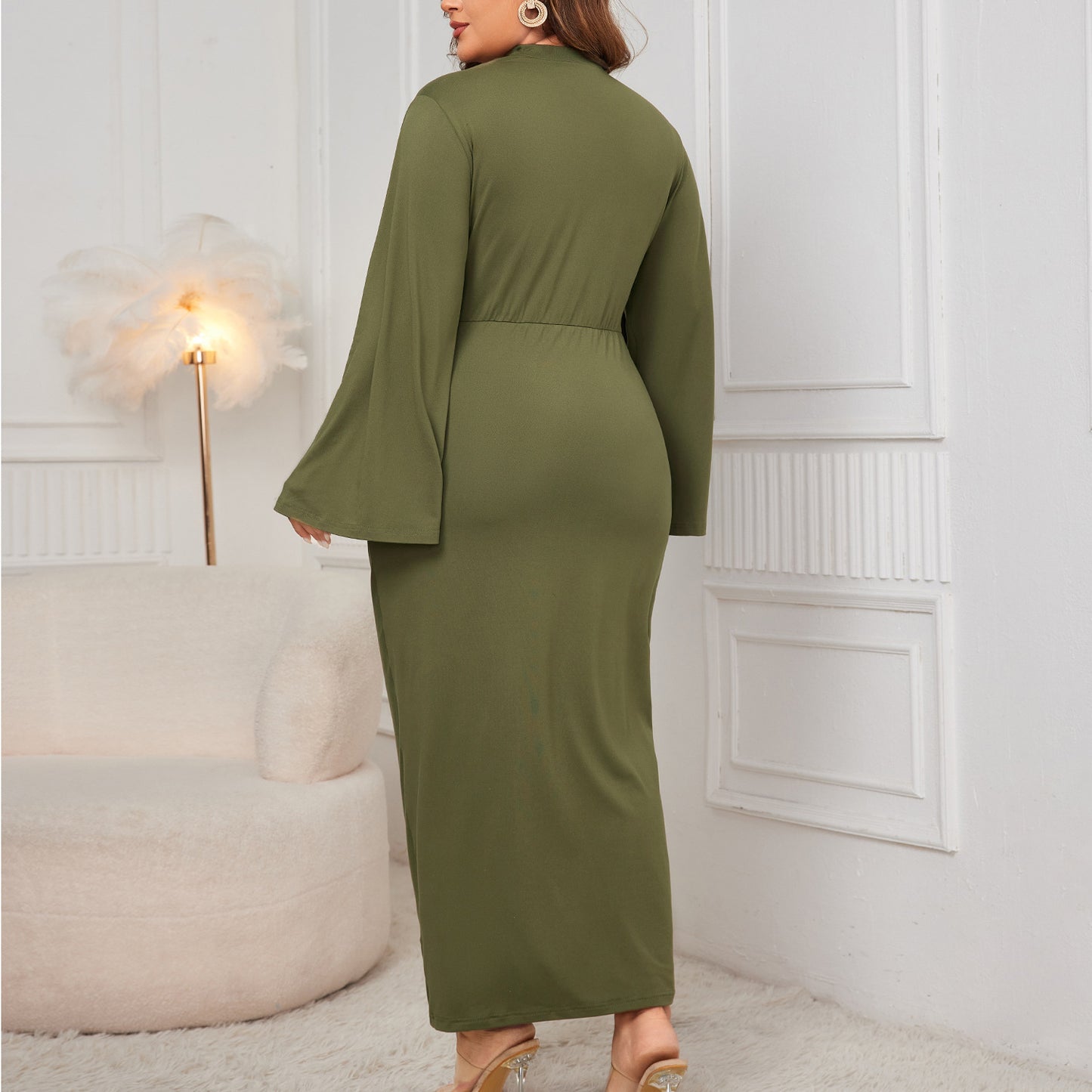 Plus Size Spring Autumn Solid Color Turtleneck Dress Slit Sheath Women