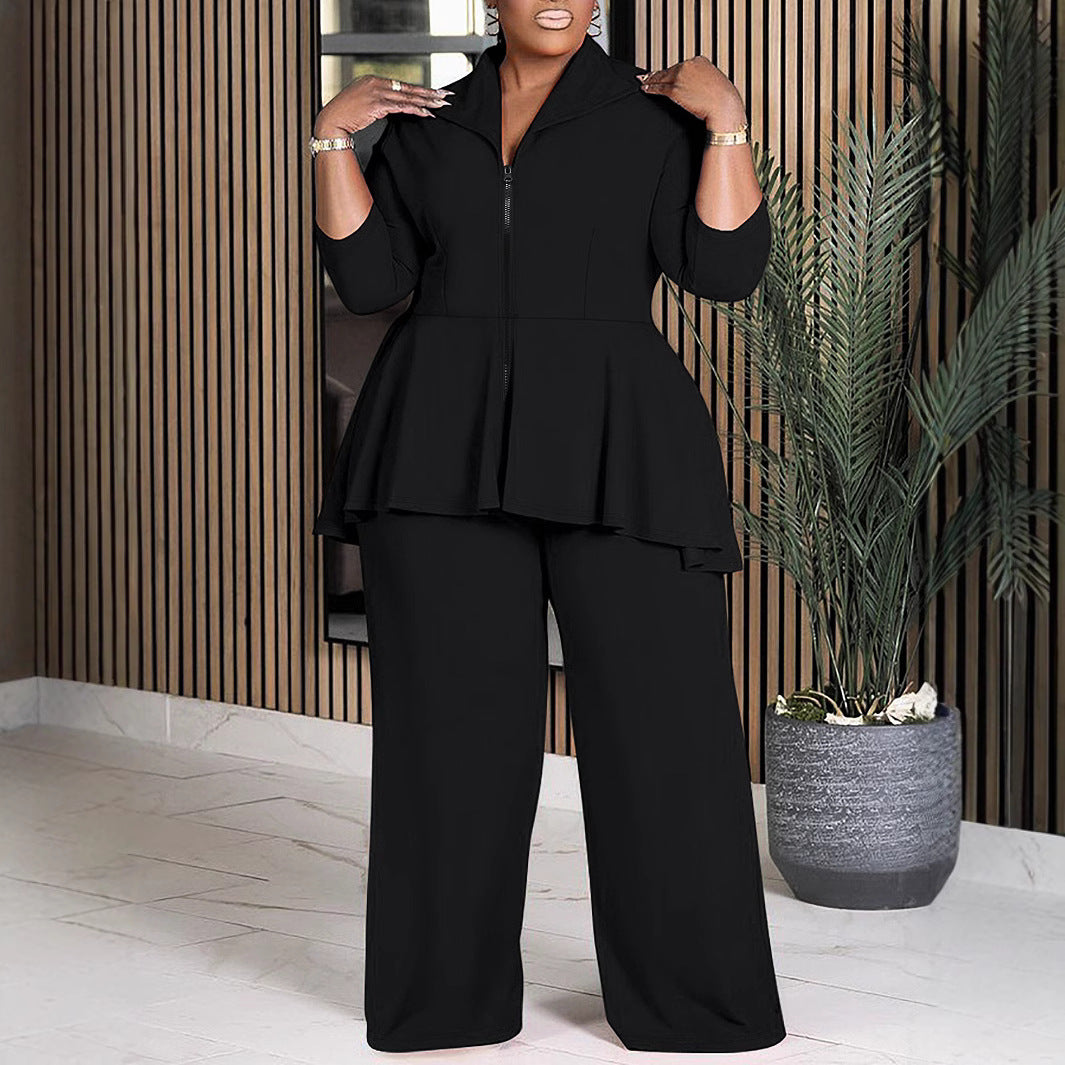 Plus Size Women Clothing Casual Irregular Asymmetric Hem Straight Leg Trousers Two Piece Set