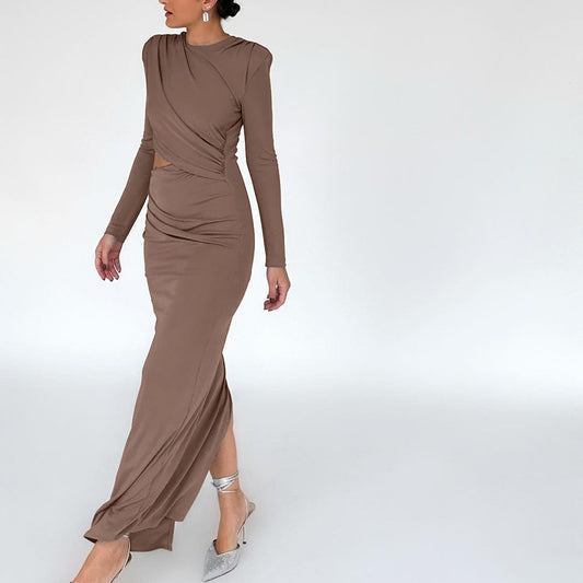 Slim Pleated Round Neck Long Sleeve Cutout Dress
