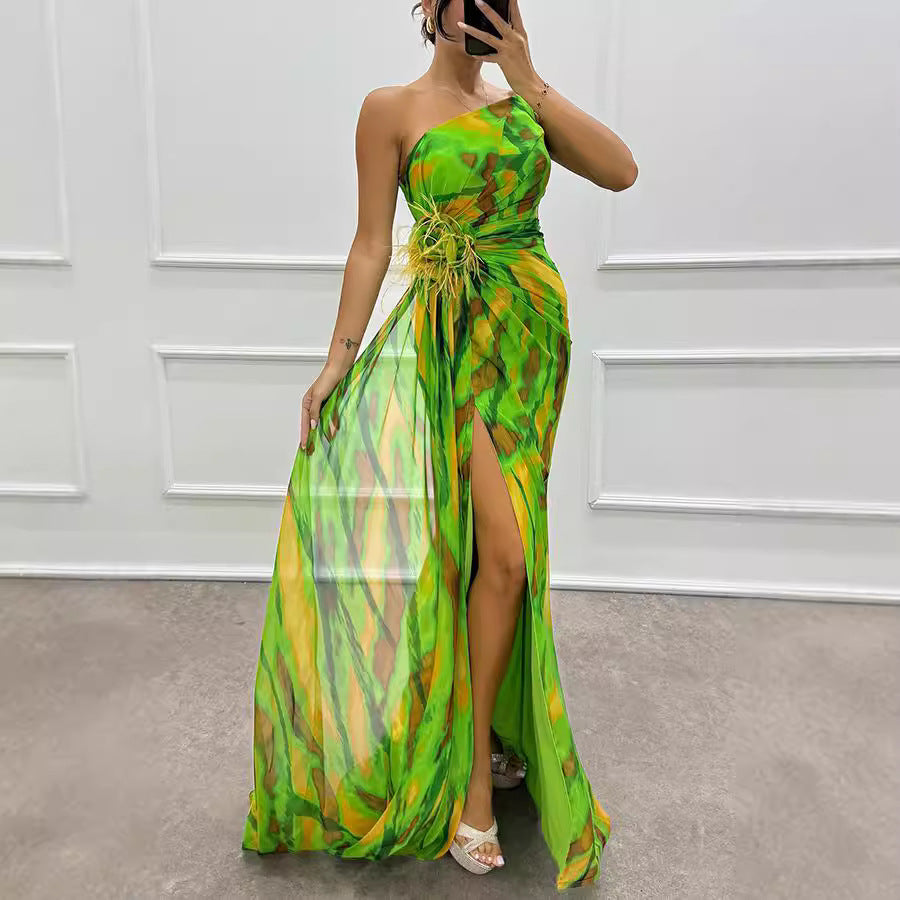 One Shoulder Chiffon Floral Print Wtih Split Long Dress