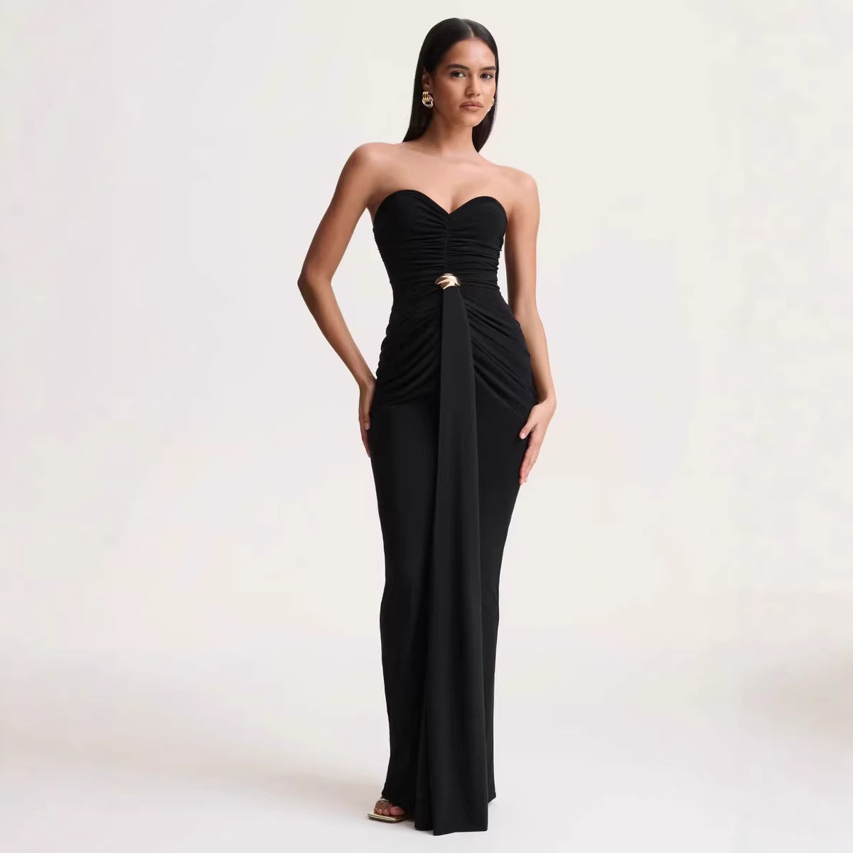 Women Clothing Elegant Chest Wrapped Pleated Three Dimensional Design High Sense Backless Maxi Dress Waist Tight