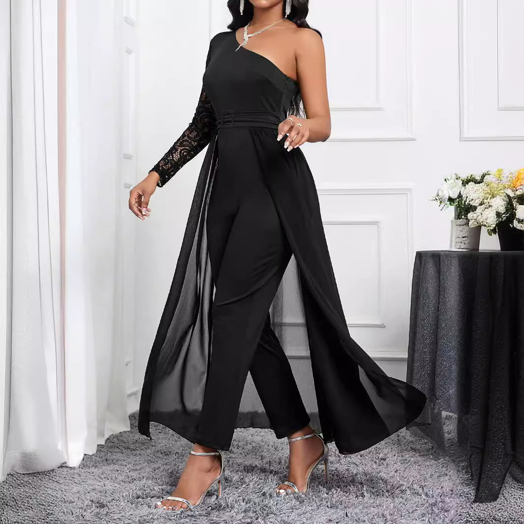 Summer Elegant One Shoulder Long Sleeve Lace Slim Chiffon Straight Leg Pants Women Jumpsuit