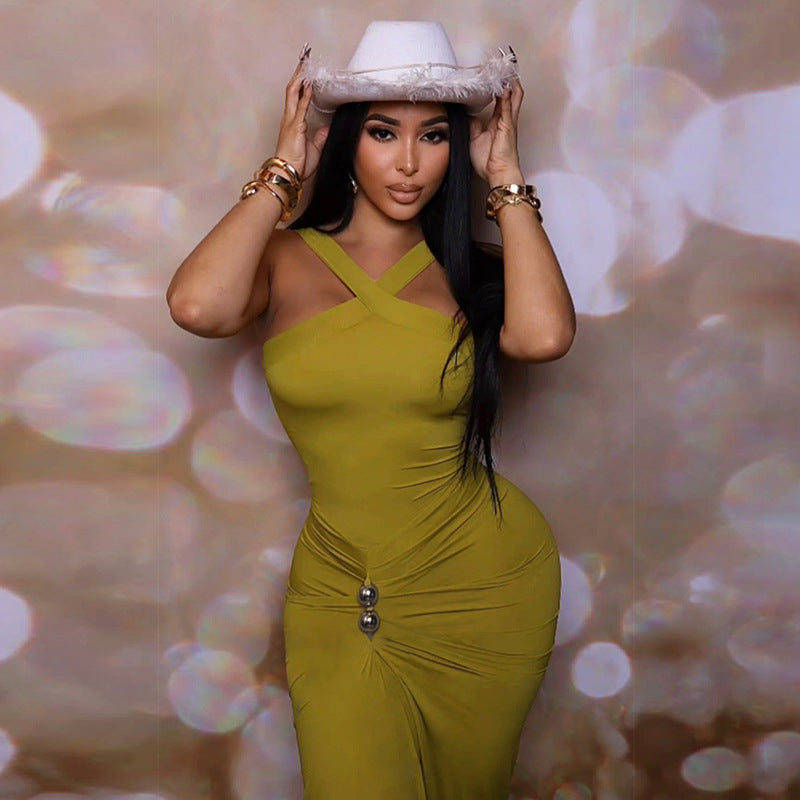 Autumn Winter Women Clothing Cross Halter Solid Color Pleated Waist Tight Slimming Fishtail Dress