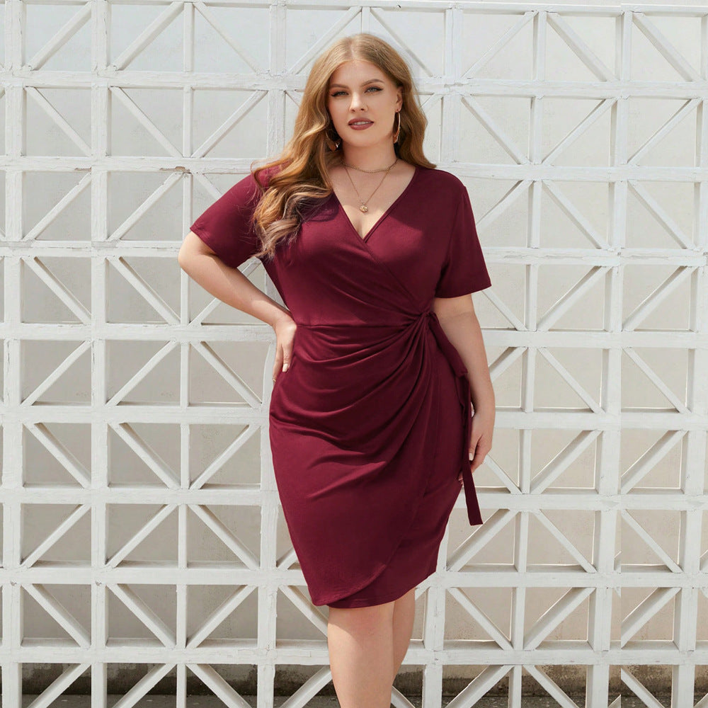 Plus Size Women V Neck Pleated Wine Red Dress Summer Simplicity Socialite Hip Dress