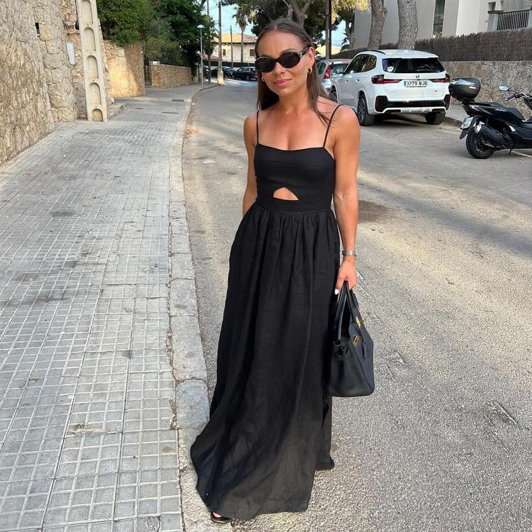 Black Breathable Sling High Waist French Long Dress