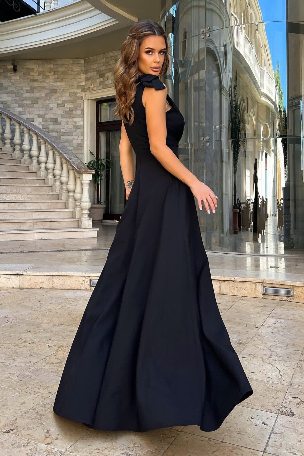 Sassy Long High Waisted V Neck, Tie Shoulder Evening Dress