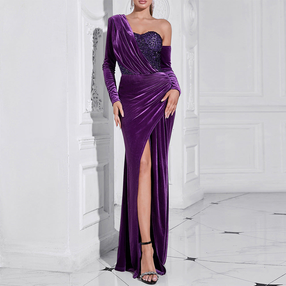 Purple Sequined Long Sleeve Slim Fit High Slit Maxi Dress