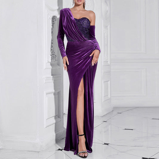 Purple Sequined Long Sleeve Slim Fit High Slit Maxi Dress