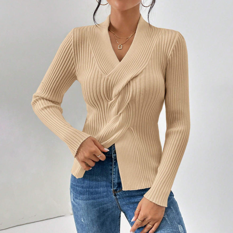 V Neck Slit Hemline Long Sleeve Slim Fit Sweater