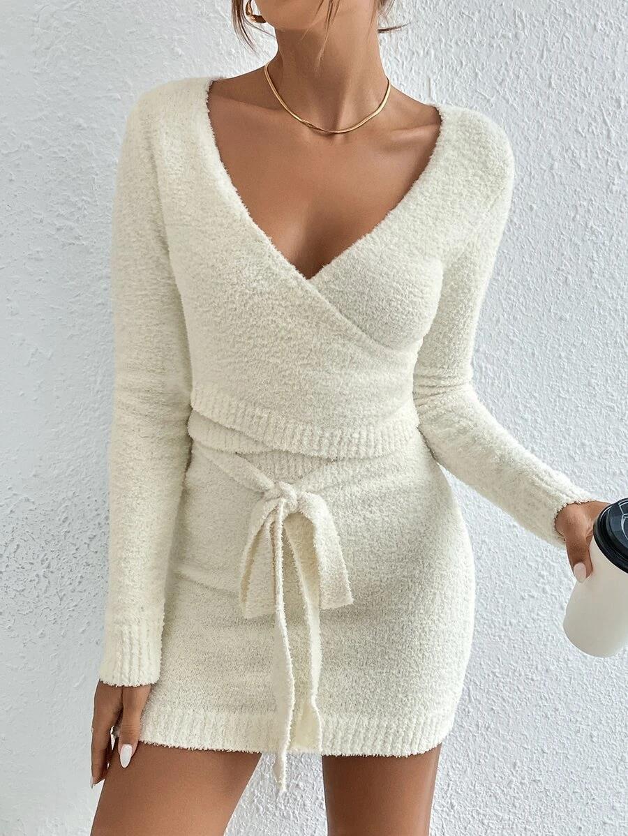 Women Wear Suit Knitted Solid Color Top Sweater Dress Two Piece Set for Women