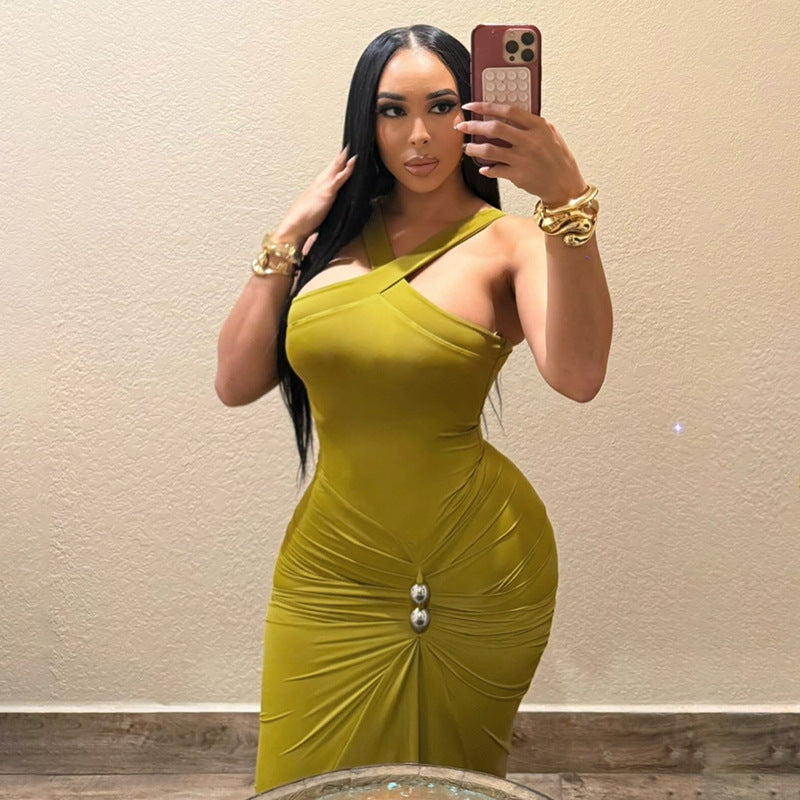 Autumn Winter Women Clothing Cross Halter Solid Color Pleated Waist Tight Slimming Fishtail Dress