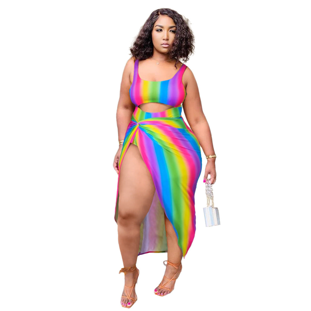 Plus Size Women Sexy Rainbow Striped Hollow Out Cutout One Swimsuit Dress Two-Piece Set