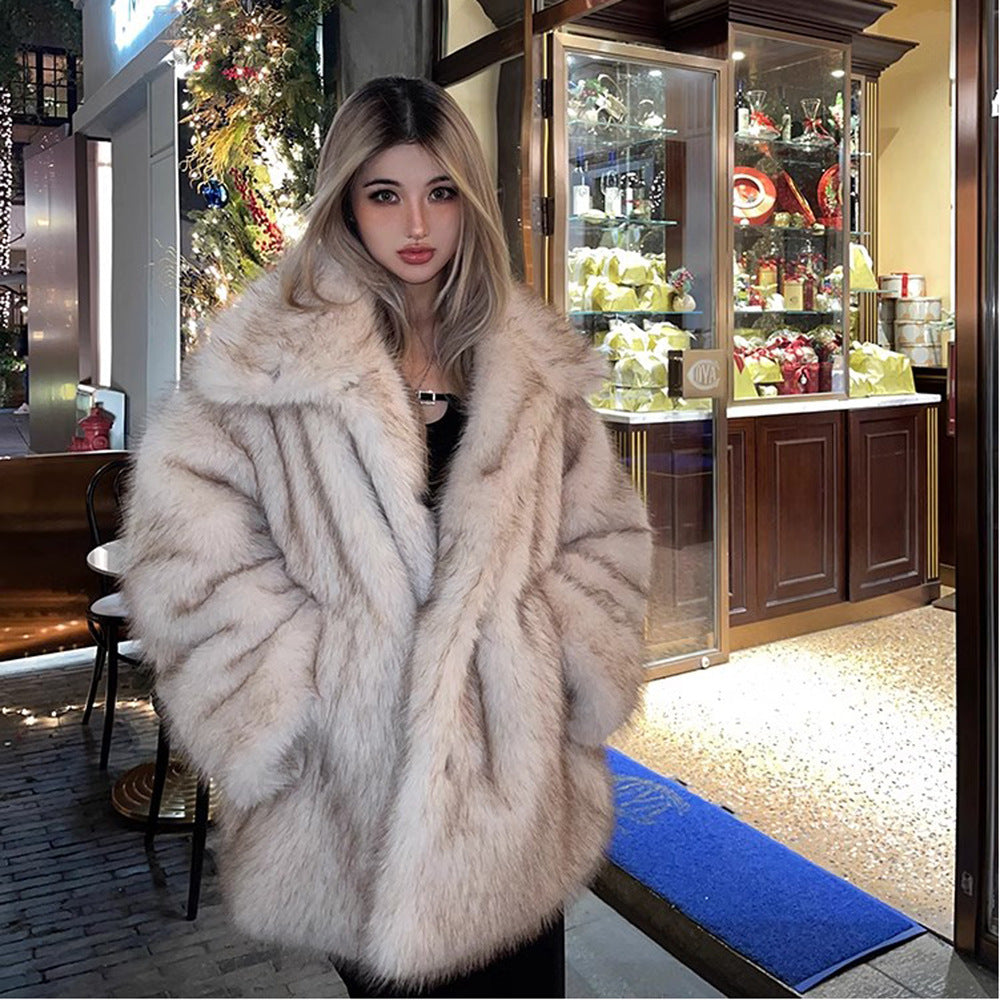 Women Winter Warm Fur Coat Faux Fur Mid Length Collared Coat Thick Windproof Fur Trench Coat