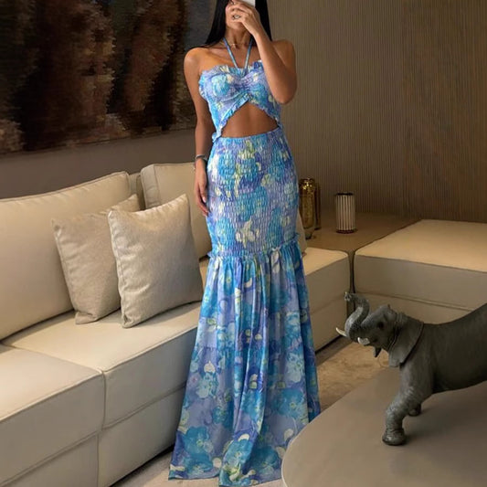 Halterneck Printed Pleated Dress Casual Loose Vacation Dress