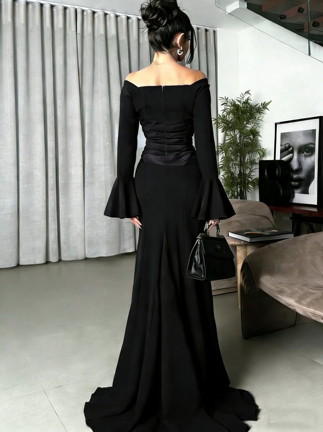 Women's Long Sleeve off Shoulder Stitching Ruffle Slim Dress