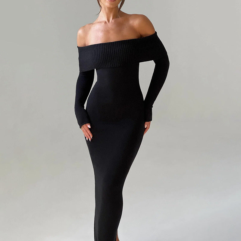 Elegant Fall Off Shoulder Sexy Slim Fit Woolen Maxi Dress