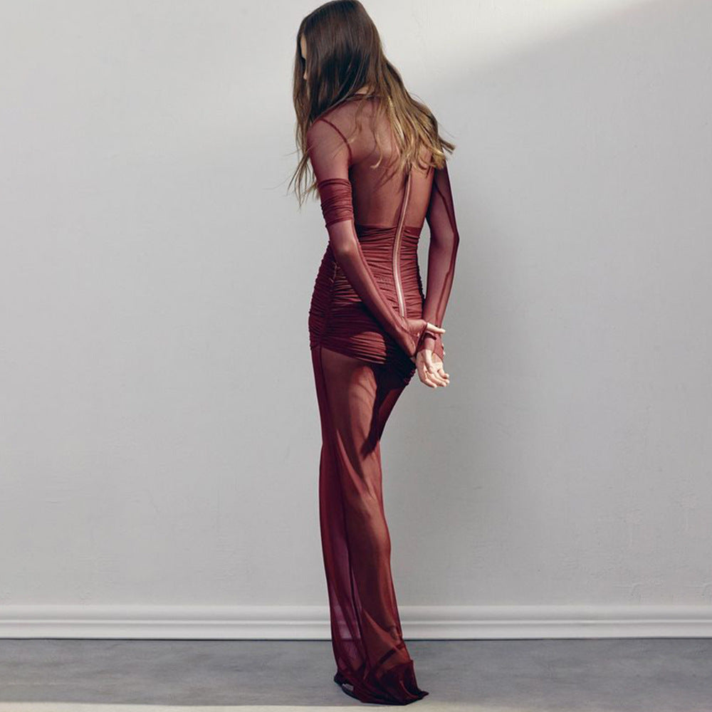 Sexy Mesh See through Long Sleeve Pleated Slim Fit Bodycon Dress