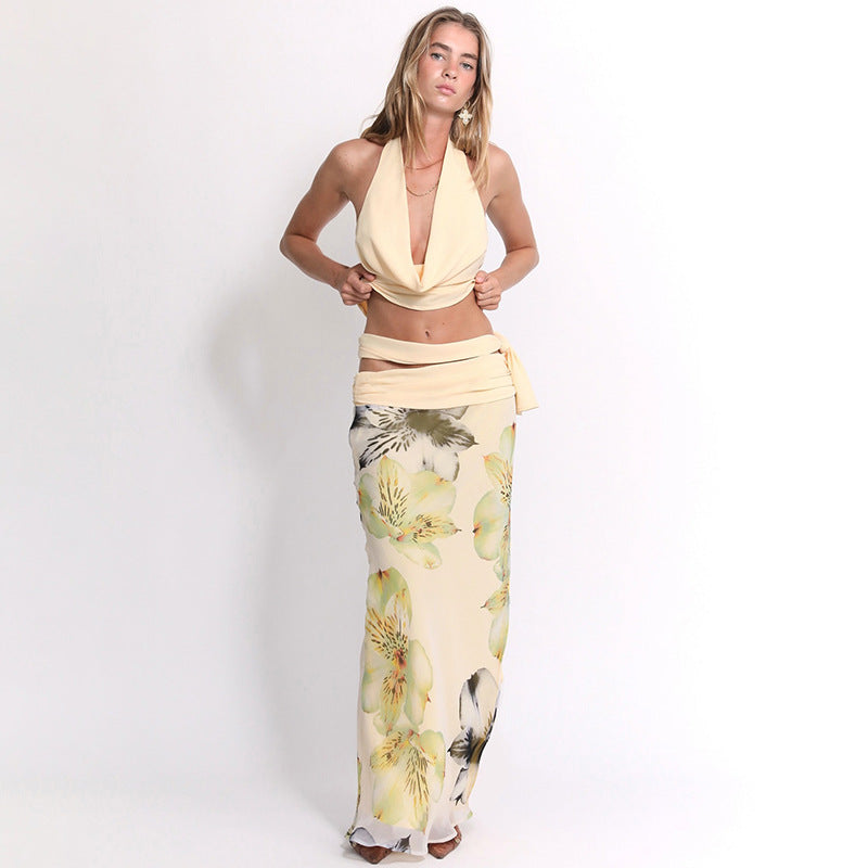 Summer Sexy Backless Halter Top Slim Printed Three Piece Skirt Sets