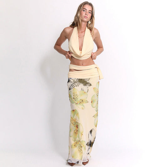 Summer Sexy Backless Halter Top Slim Printed Three Piece Skirt Sets