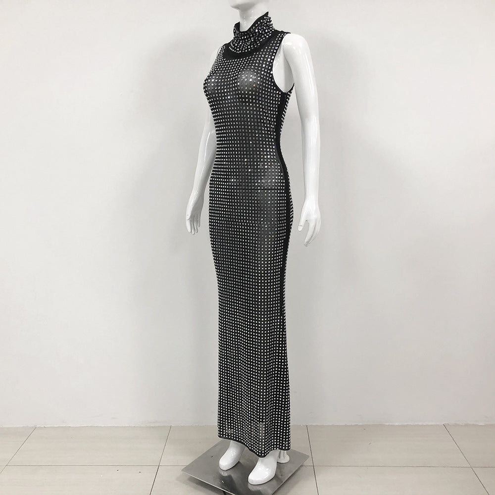 Summer Sexy Sheer Cutout Mesh Rhinestone Sleeveless Maxi Dress Women