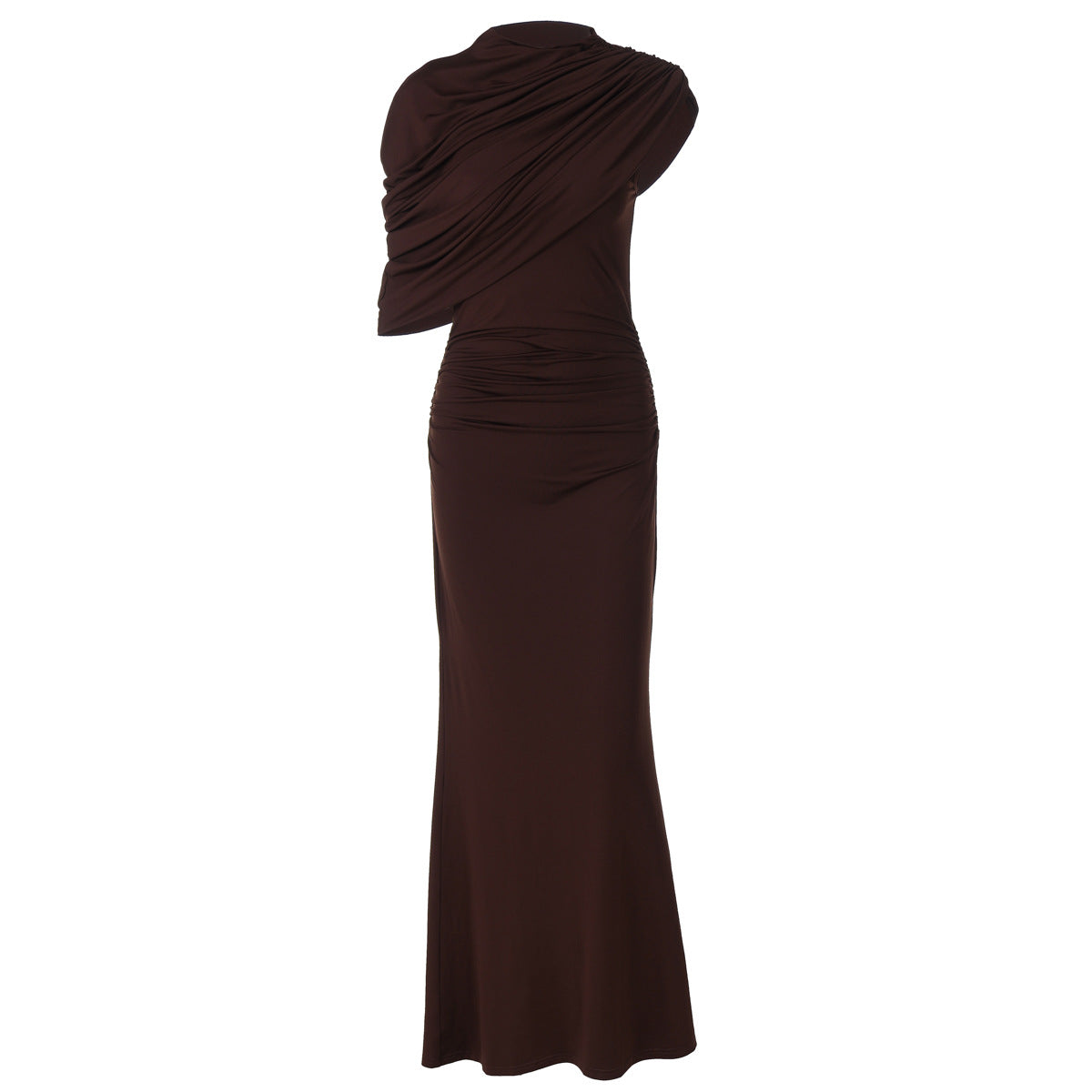 Oblique Shoulder Design Skinny Sheath Pleated Asymmetric Dress