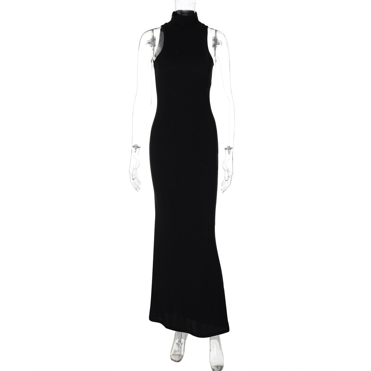 Fashionable Half Turtleneck Sleeveless Solid Color Slim Waist Slimming Maxi Dress