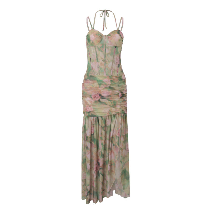 Summer Sexy Spaghetti Strap Floral Print with High Split High Waist Bodycon Dress