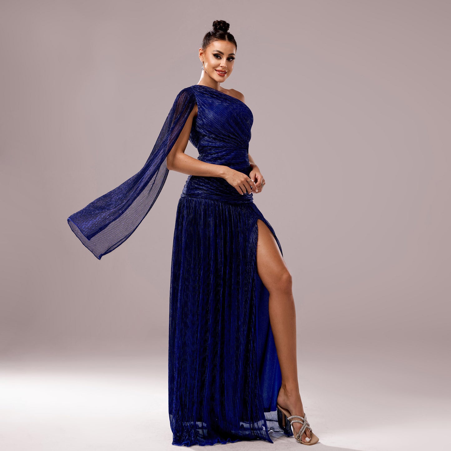 One Shoulder Collar Long Sleeve Evening Dress