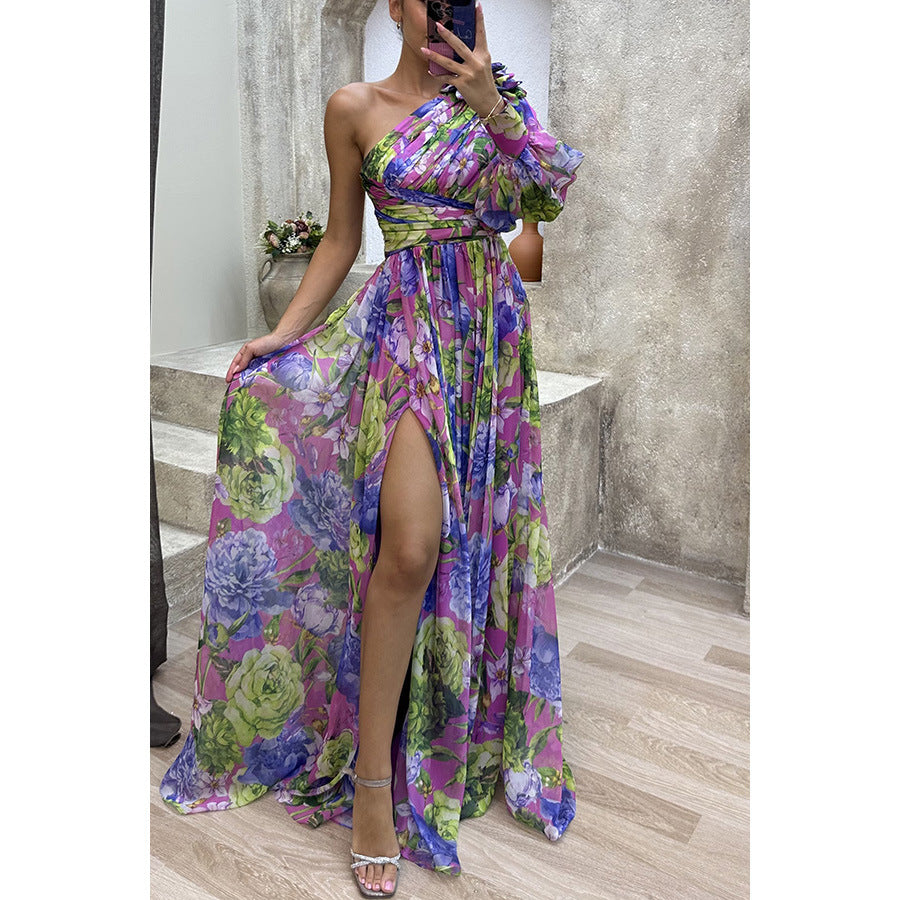 Casual Split Dress Loose Multi Color Oblique One Shoulder Dress