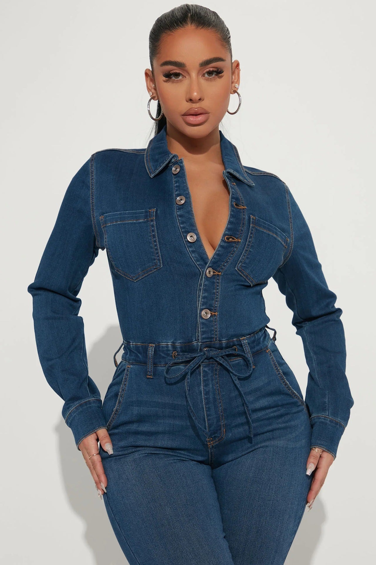 Women Sexy Long Sleeve High Elasticity Denim Jumpsuit