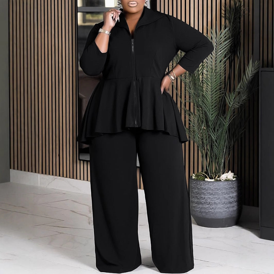 Plus Size Women Clothing Casual Irregular Asymmetric Hem Straight Leg Trousers Two Piece Set