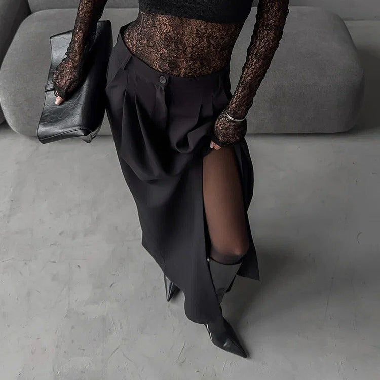 Elegant High Sense Slit Black Half Length Pleated A line Skirt