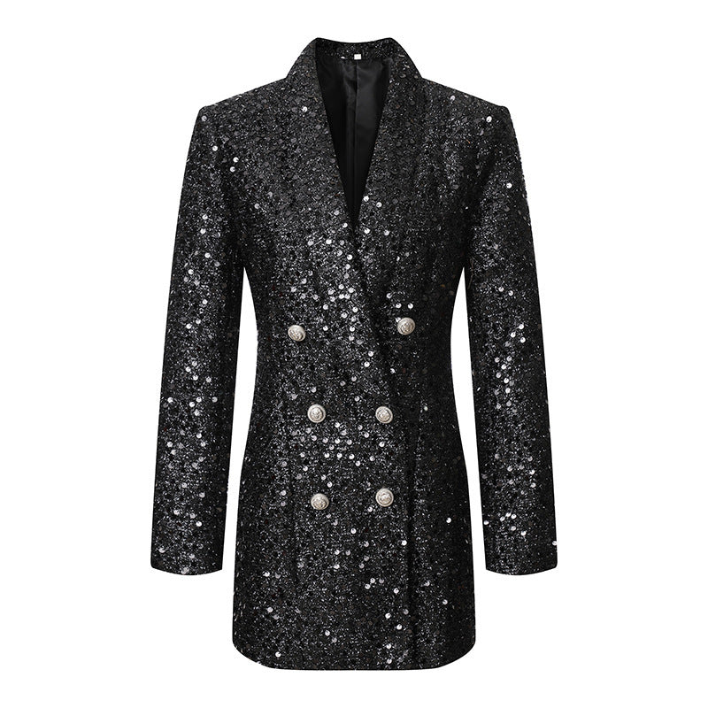 Graceful Blazer Double Breasted Black with Paillettes Slim Fit Long Blazer
