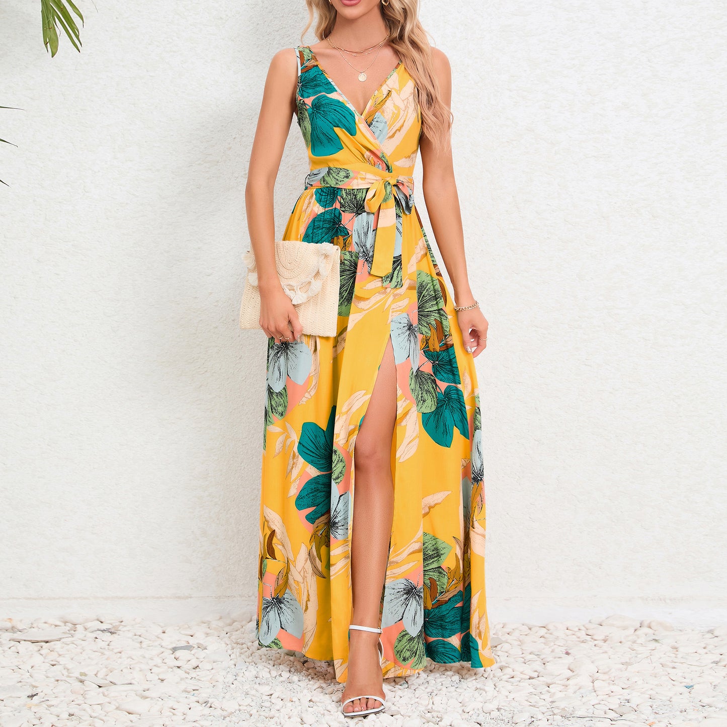 Summer Women Clothing Pairs V Neck Sleeveless Slit Printed Long Strap Dress Women