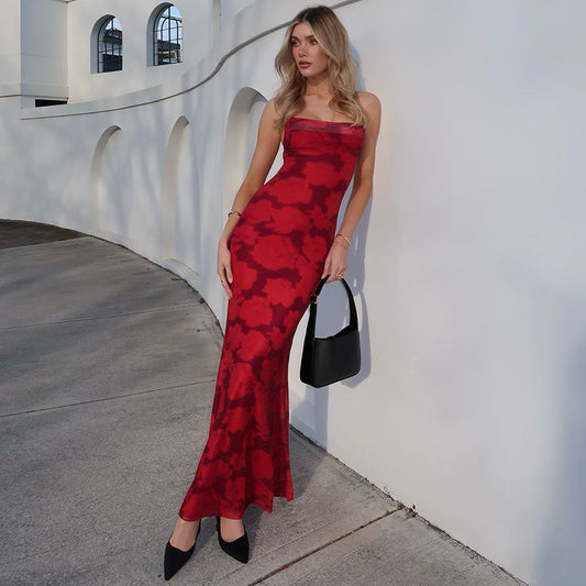 Printed Sexy Backless Stitching Thin Strap Sexy Arrival Sling Double Layer Dress