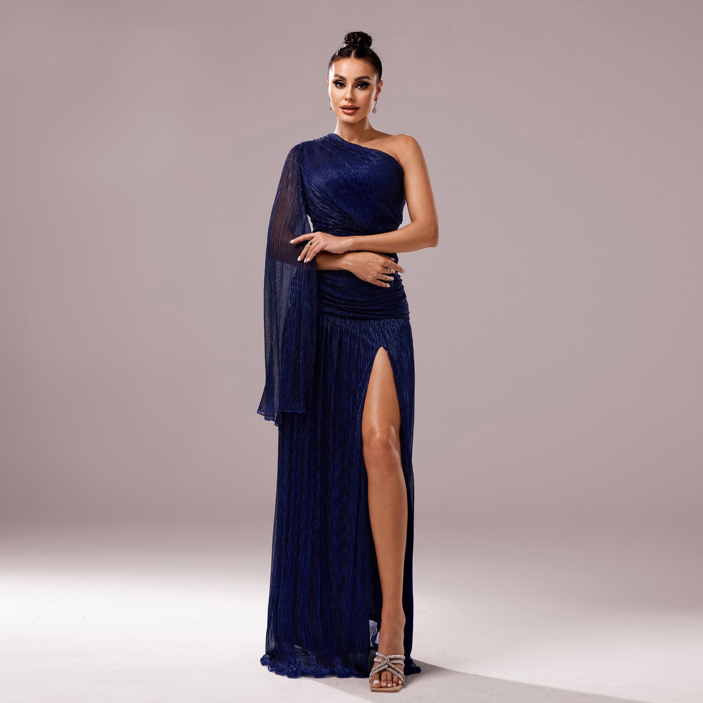 One Shoulder Collar Long Sleeve Evening Dress