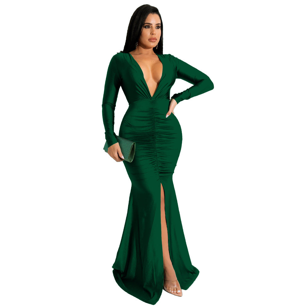 Women Solid Color Sexy V neck Split Sheath Maxi Dress