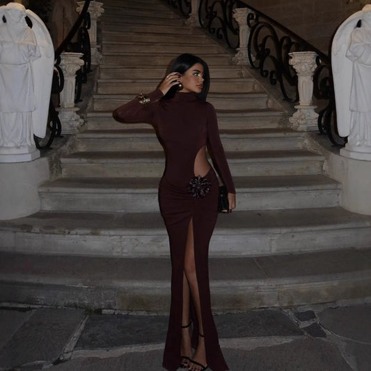 Sexy Elegant Cutout With Three Dimensional Floral Turtleneck Evening Dress