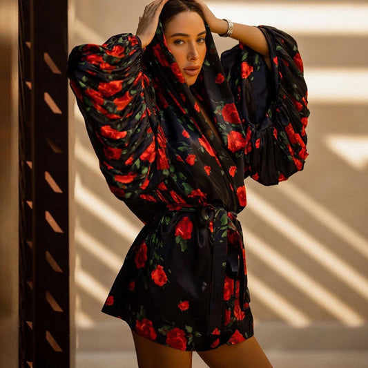 Puff Sleeve Lace up Loose Casual Cover-Up Dress