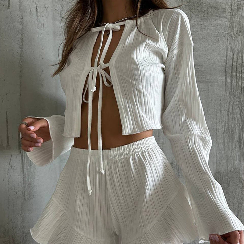 Summer Loose Casual Lace up Cardigan Top Shorts Home Two Piece Sets