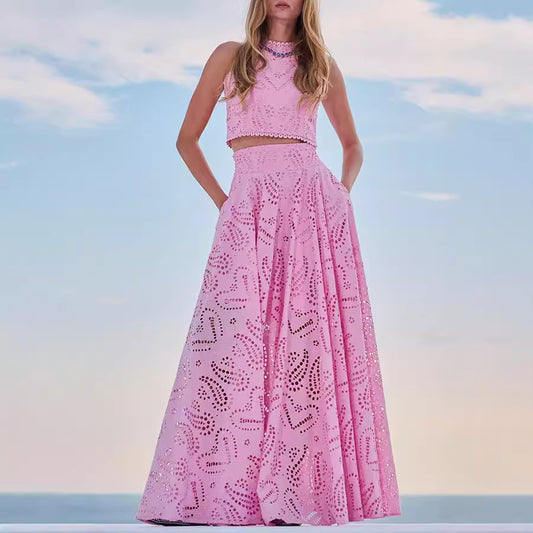 Sleeveless Long Skirt Pocket Two Piece Set
