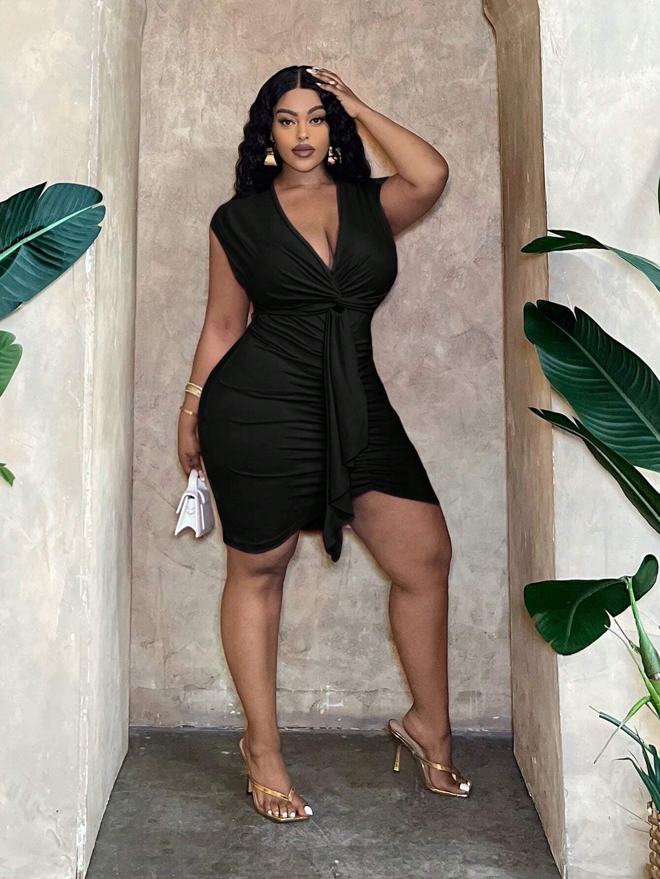 Plus Size Women Sexy Dress Summer V neck Tight Waist Ruffle Hip Short Dress
