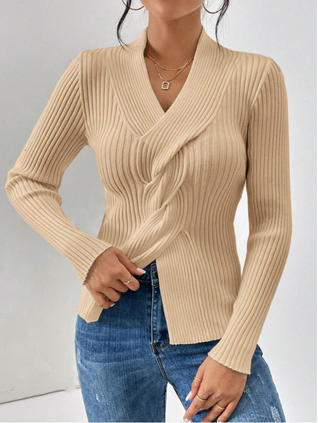 V Neck Slit Hemline Long Sleeve Slim Fit Sweater