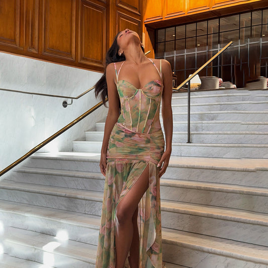 Summer Sexy Spaghetti Strap Floral Print with High Split High Waist Bodycon Dress