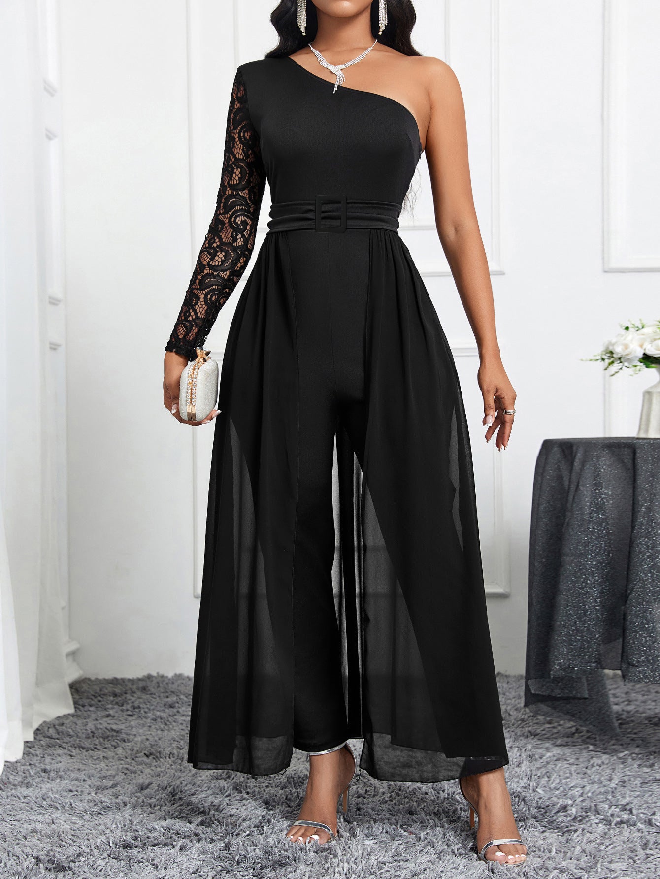 Summer Elegant One Shoulder Long Sleeve Lace Slim Chiffon Straight Leg Pants Women Jumpsuit