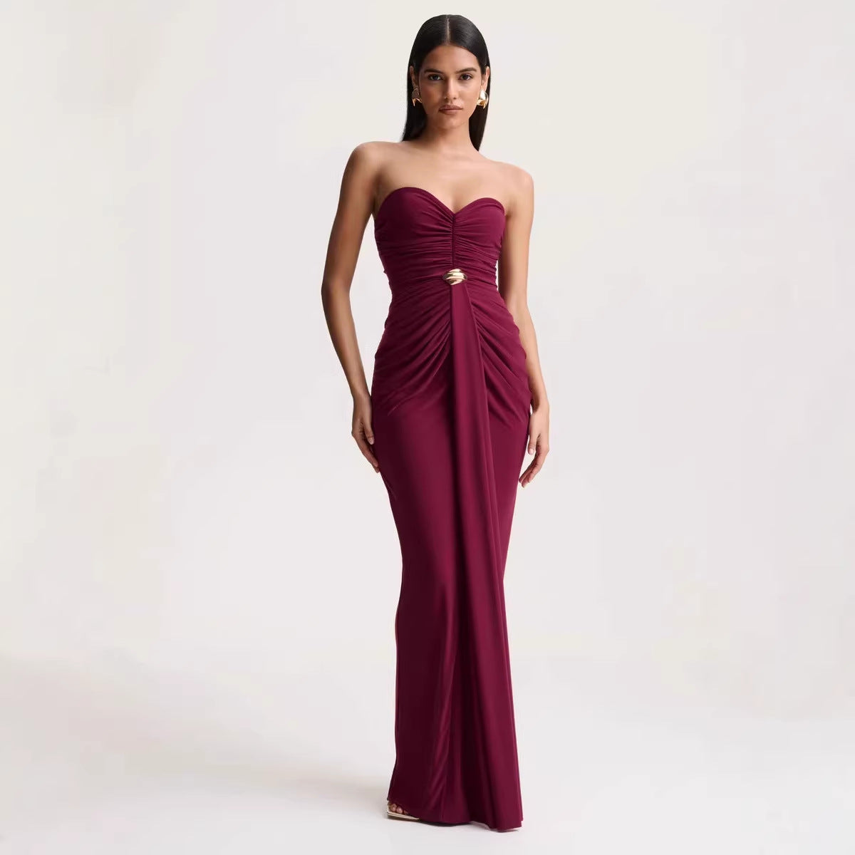 Women Clothing Elegant Chest Wrapped Pleated Three Dimensional Design High Sense Backless Maxi Dress Waist Tight