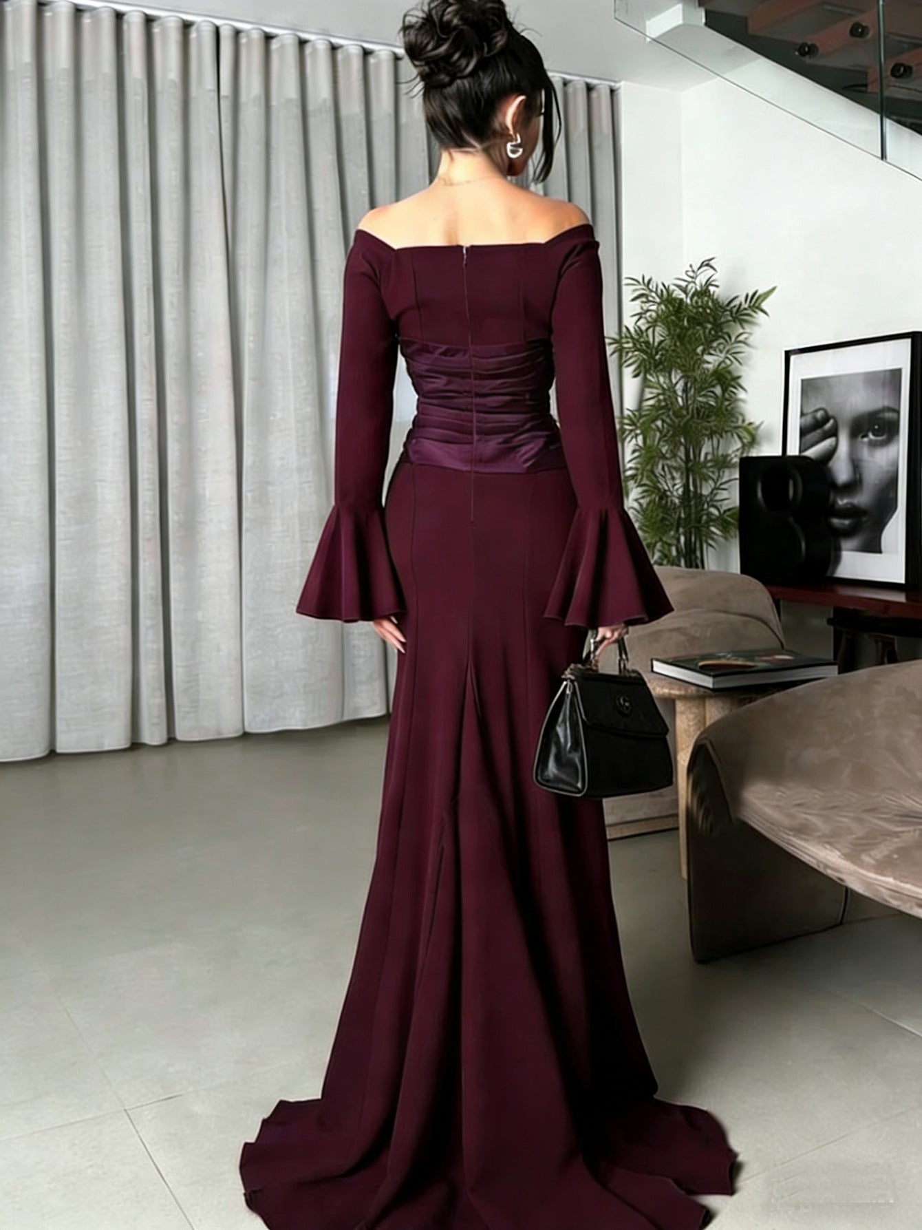 Women's Long Sleeve off Shoulder Stitching Ruffle Slim Dress
