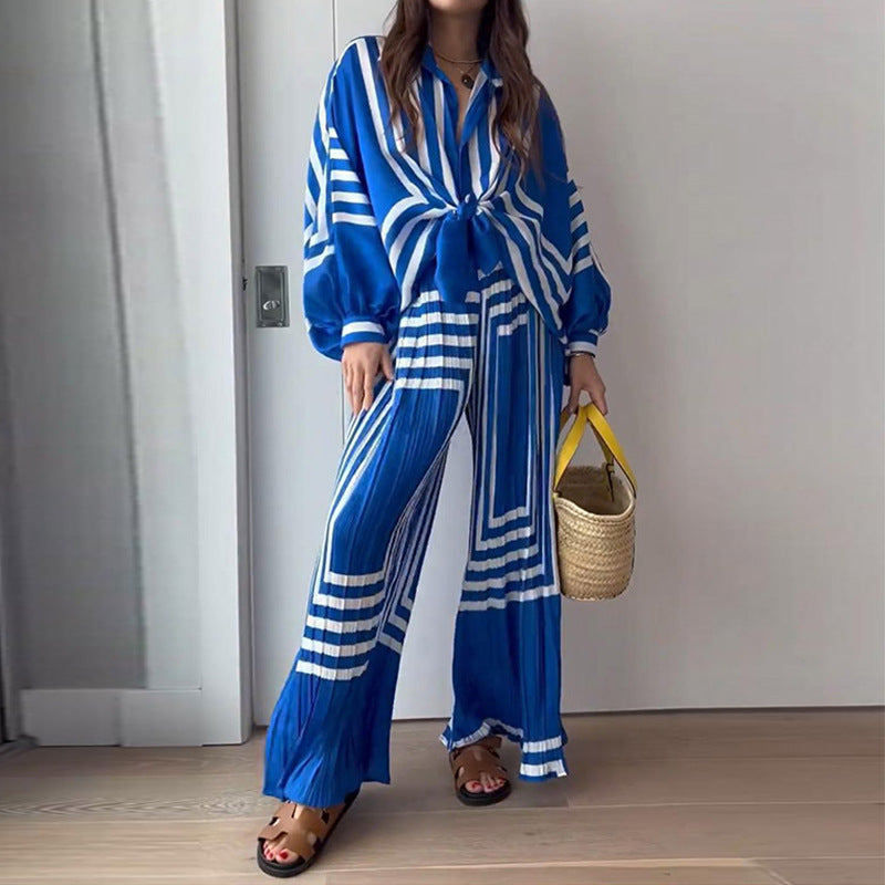 Spring Women Clothing Printed Long Sleeved Shirt Pleated Straight Wide Leg Pants Set