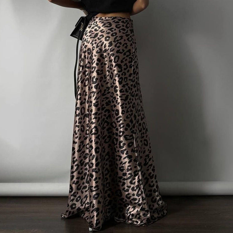 Satin Draping Leopard Print Fishtail Maxi Skirt